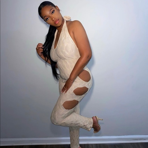 PrettyLittleThing Pants - PrettyLittleThing halter bodysuit with thigh hole cutouts